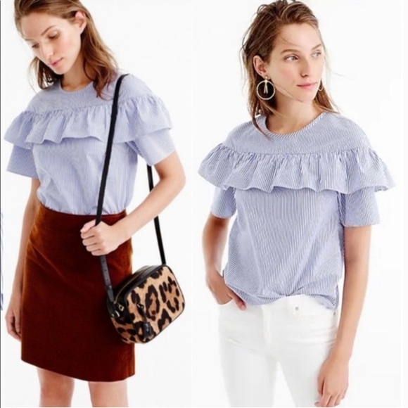 J. Crew Blouse Cotton Edie Ruffle Seersucker Striped Blue White Womens 00 - Picture 12 of 12